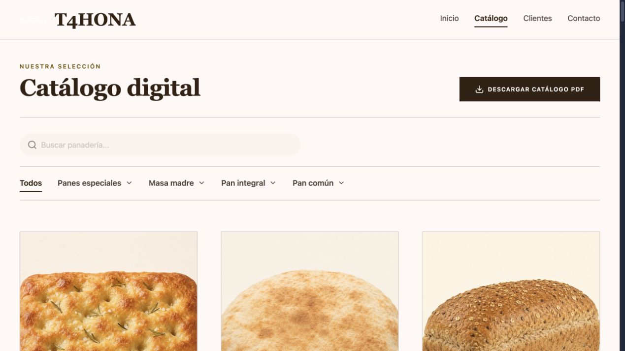 Catálogo digital de productos de una panadería en T4HONA